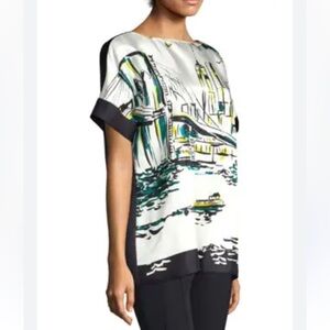 Lafayette 148 New York Karleya Skyline Short Sleeve Silk Top Blouse Size S
